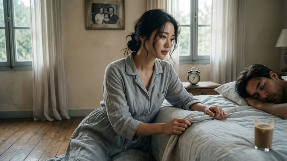 Une femme regarde son homme dormir