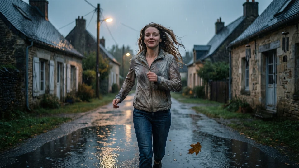 Une jeune femme court sous la pluie